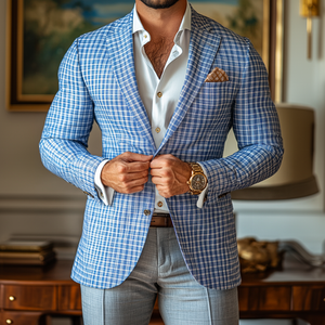 Men's Fashion Spring Summer Checked Notch Lapel Two Buttons Blazer