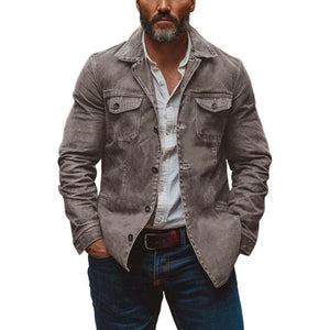 Men's Vintage Heavy Washed Leather Lapel Single Breasted Multi-Pocket Work Jacket