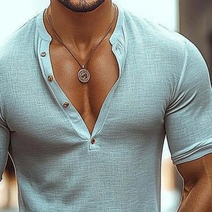 Men's Cotton And Linen Casual Henley Collar Long Sleeve T-Shirt
