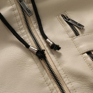 Men's Vintage Hooded Fleece Warm Zip-Up Slim Fit Leather Jacket