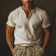 Men's Summer Comfortable Light Khaki V-Neck Raw Edge T-Shirt