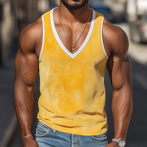 Men's Summer Fashion Personality Leisure Deep V-neck Bright Color Stitching Suede Tank Top