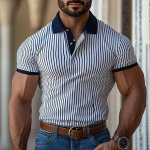 Men's Vertical Striped Slim Fit Short-Sleeved Polo Shirt