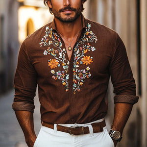 Men's Vintage Cotton And Linen Embroidered Casual Long Sleeve Shirt