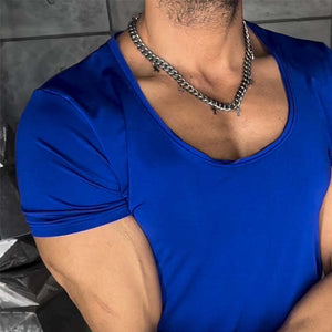 Men's Retro Casual Solid Color Elastic Round Neck Short Sleeve T-Shirt