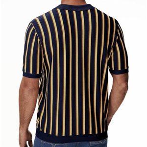 Men's Casual Contrast Color Striped Lapel Knitted Loose Short-Sleeve Polo Shirt
