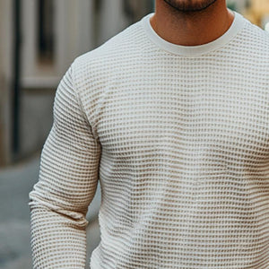 Men's Retro Casual Solid Color Waffle Round Neck Long Sleeve T-Shirt