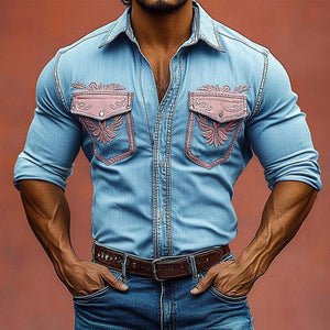 Men's Vintage Western Cowboy Distressed Embroidered Shirt