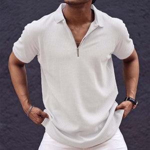 Men's Retro Casual Solid Color Zipper Neck Short Sleeve T-Shirt