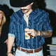 Men's Casual Dark Blue Retro Print Lapel Long Sleeve Shirt