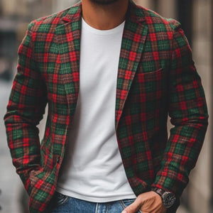 Men's Casual Notch Lapel Contrast Color Christmas Plaid Single-breasted Blazer