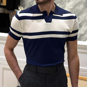 Men's Knitted Lapel Striped Short Sleeve POLO Shirt