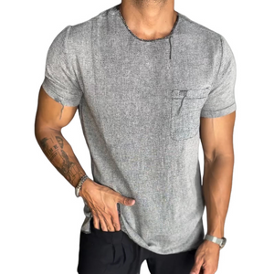 Men's Retro Casual Linen Pocket Round Neck Short Sleeve T-Shirt