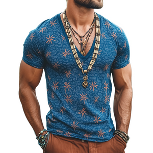 Men's Retro Casual Floral Print V-Neck Short Sleeve T-Shirt