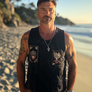 Men's Summer Retro Washed Distressed Denim Embroidered Tank Top