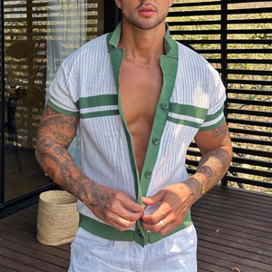 Men's Knit Striped Notch Lapel Single Breasted Short Sleeve Polo Shirt