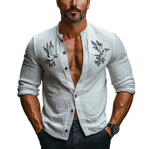 Men's Cotton And Linen Embroidered Round Neck Long Sleeve Shirt