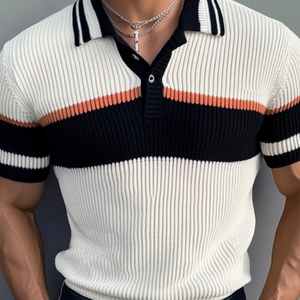 Men's Casual Contrast Lapel Slim Fit Knitted Short Sleeve Polo Shirt