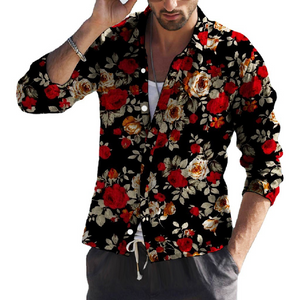 Men's Vintage Floral Print Lapel Long Sleeve Shirt