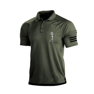 SMALL SKELETON PRINT USA FLAG RAGLAN GRAPHIC POLO SHIRT
