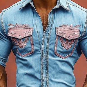 Men's Vintage Western Cowboy Distressed Embroidered Shirt