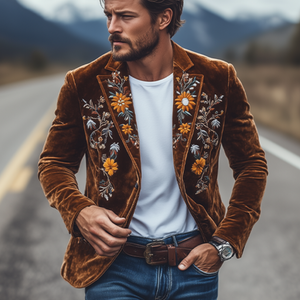 Men's Classic Retro Slim Fit Single Breasted Velvet Embroidered Blazer