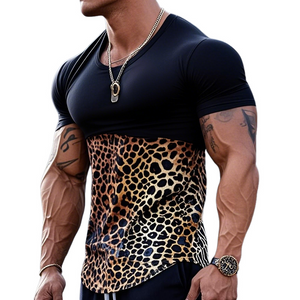 Men's Fashion Leopard Print Contrast Color Patchwork Round Neck Tight Short Sleeve T-shirt