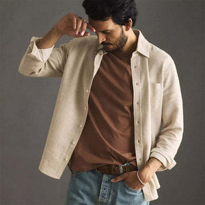 Men's Casual Apricot Cotton And Linen Long-sleeved Shirt