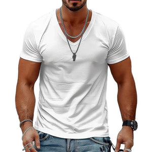 Men's Solid Color Casual V-neck Cotton Short-sleeved T-shirt