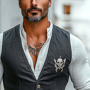 Men's Vintage Skull Print V-Neck Vest
