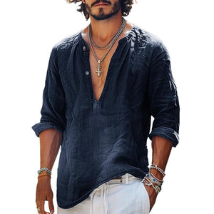 Men's Vintage Button V-Neck Long Sleeve Shirt