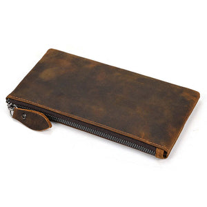 Men's Vintage Crazy Horse Leather Large Capacity Zip Long Wallet