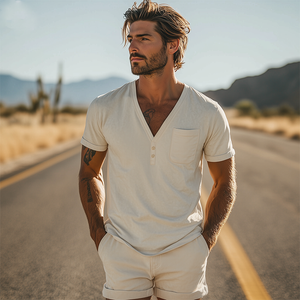 Men's Spring Fashion Casual Suede V-neck Short-sleeved T-shirt