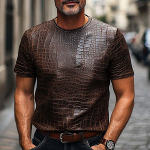 Men's Brown Crocodile Textured PU Leather Short Sleeve T-Shirt
