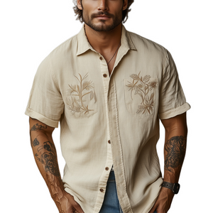 Men's Casual Khaki Tencel Vintage Embroidery Short Sleeve Shirt