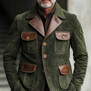 Men's Vintage Suede And Leather Multi-Pocket Single-Breasted Blazer