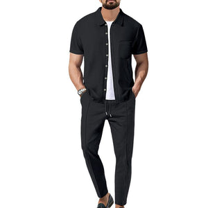 Men's Waffle Solid Color Short Sleeve Shirt And Pants Set
