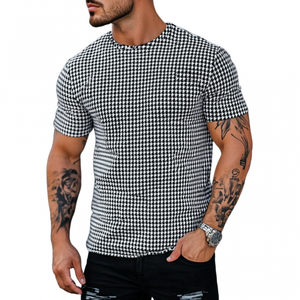 Men's Casual Houndstooth Round Neck Slim Short Sleeve T-Shirt