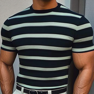 Men's Casual Contrast Color Striped Round Neck Slim Fit Knitted Short Sleeve Sweater T-Shirt