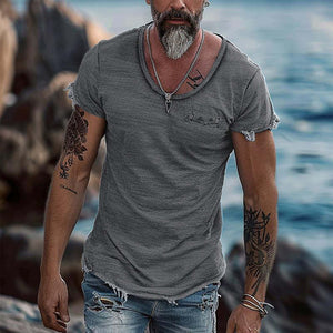 Men's Retro Solid Color Round Neck Raw Edge Short Sleeve T-Shirt
