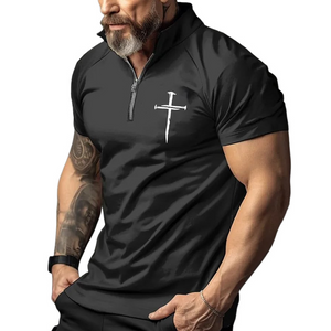 Men's Retro Casual Cross Print Zipper Short Sleeve T-Shirt