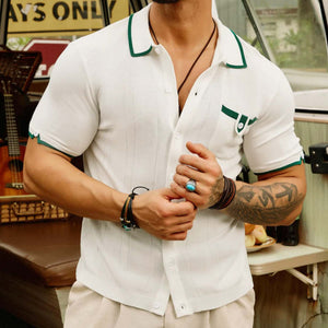 Men's Casual Contrast Stitching Knitted Slim Fit Short Sleeve Shirt
