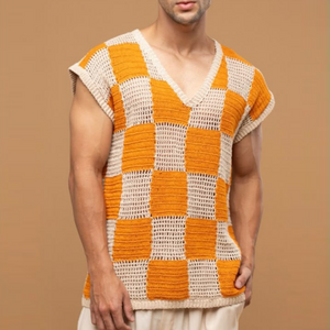 Men's Casual V-Neck Check Jacquard Breathable Loose Knitted Tank Top