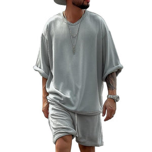 Men's Solid Loose V Neck Short Sleeve T-shirt Shorts Casual Set