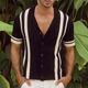 Men's Knit Striped Notch Lapel Single Breasted Short Sleeve Polo Shirt