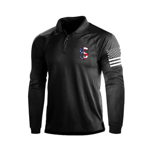 DOLLAR PATTERN PRINT USA FLAG 1/4 BUTTON RAGLAN LONG SLEEVE POLO SHIRT