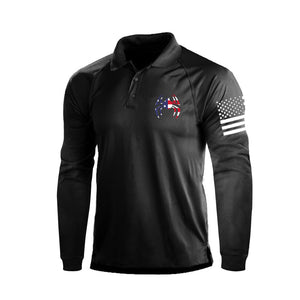 SPIDER PATTERN PRINT USA FLAG 1/4 BUTTON RAGLAN LONG SLEEVE POLO SHIRT