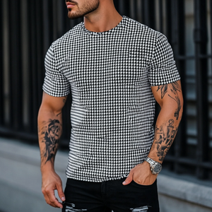 Men's Casual Houndstooth Round Neck Slim Short Sleeve T-Shirt