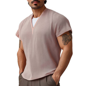Men's Summer Basic V-neck Textured Short-sleeved T-shirt