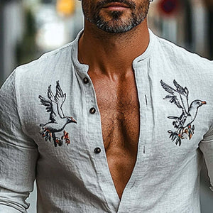 Men's Cotton And Linen Embroidered Round Neck Long Sleeve Shirt